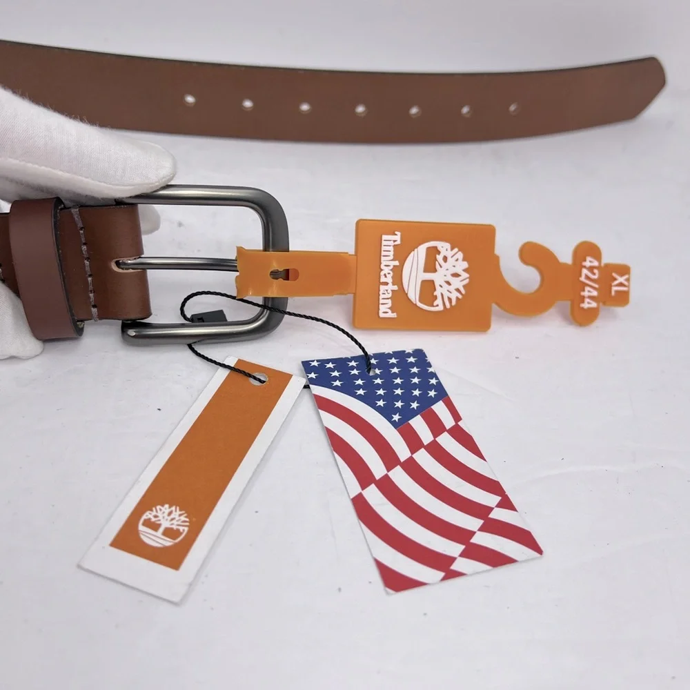 TIMBERLAND MEN’S BELT, BROWN COLOR, LEATHER WITH MAT METAL BUCKLE, SIZE XL 42/44